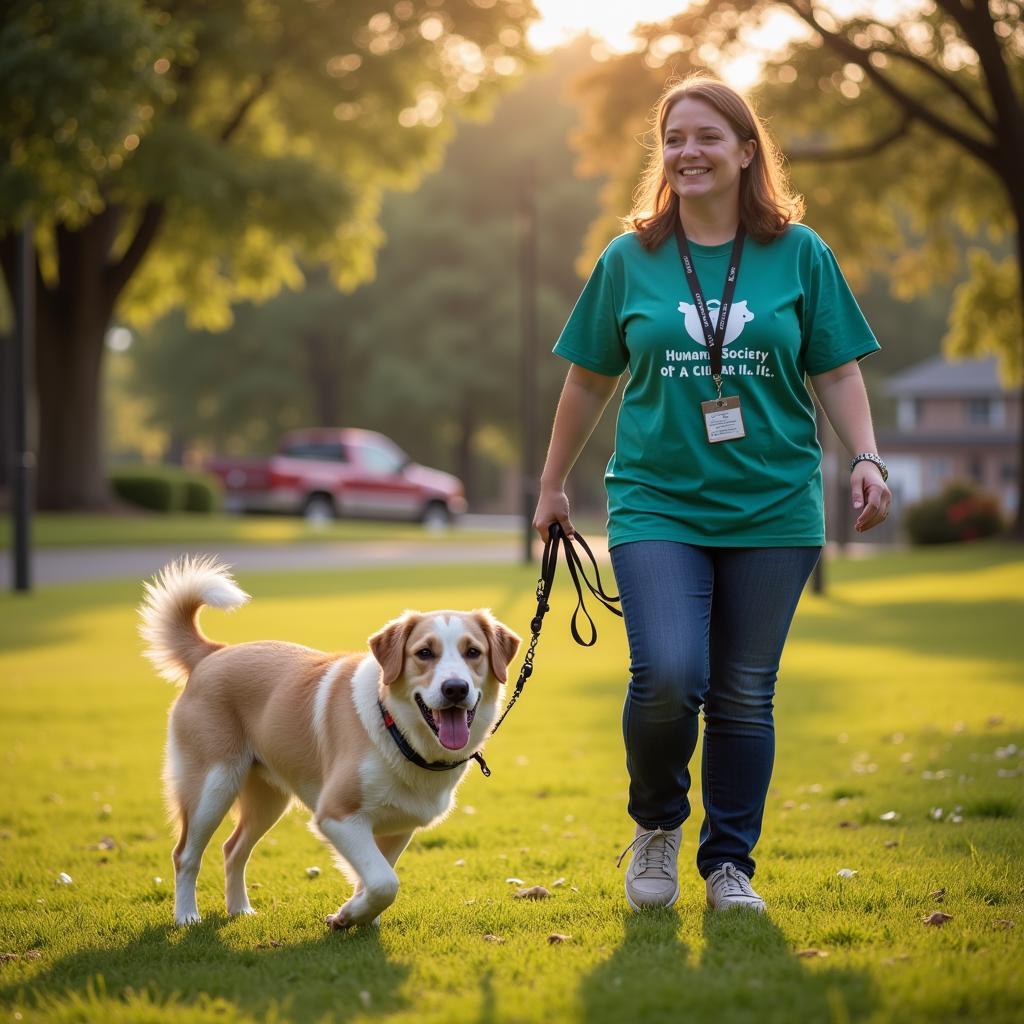 Volunteer Walking a Dog at the Humane Society of Aurora IL