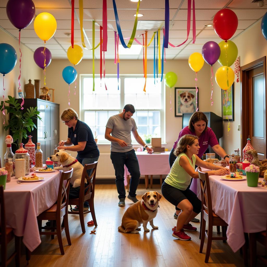 Festive decorations at a humane society birthday party