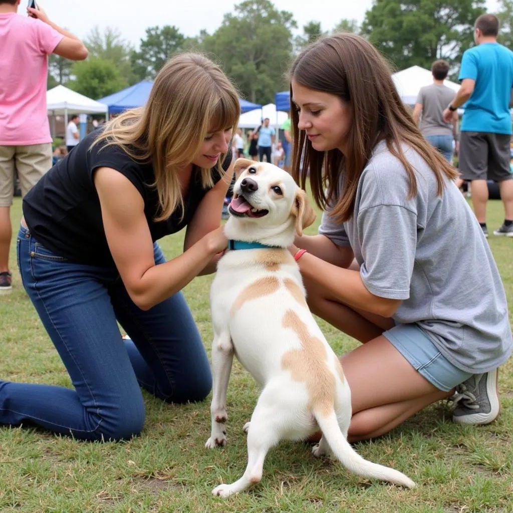 A family meeting a dog at an adoption event