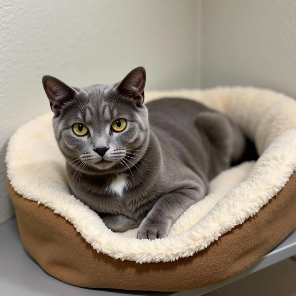 A cat sitting in a cat bed in the shelter