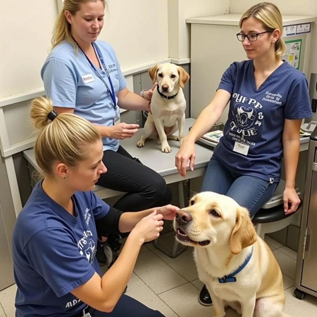 A volunteer interacting with a dog in the shelter