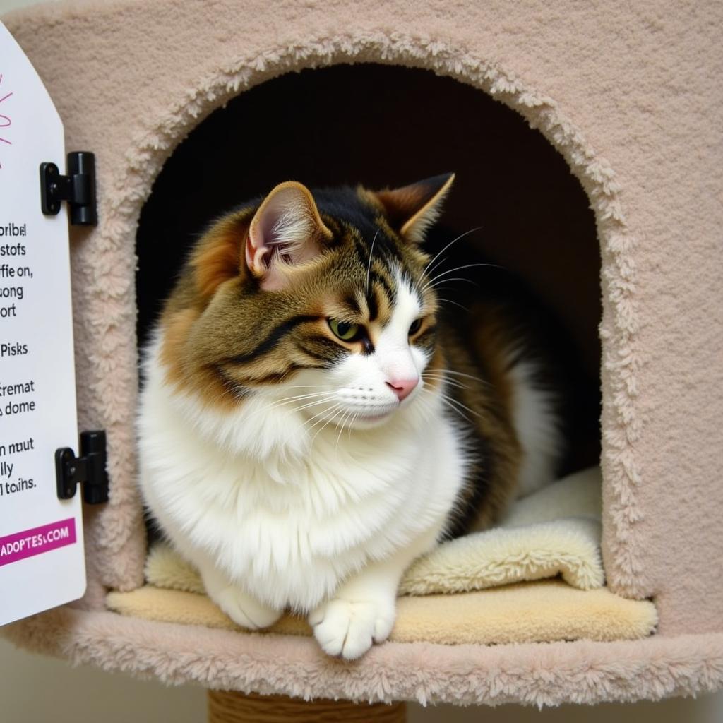 A content cat relaxes in a cozy cat condo at the Humane Society of Davenport, FL, waiting for their forever home.