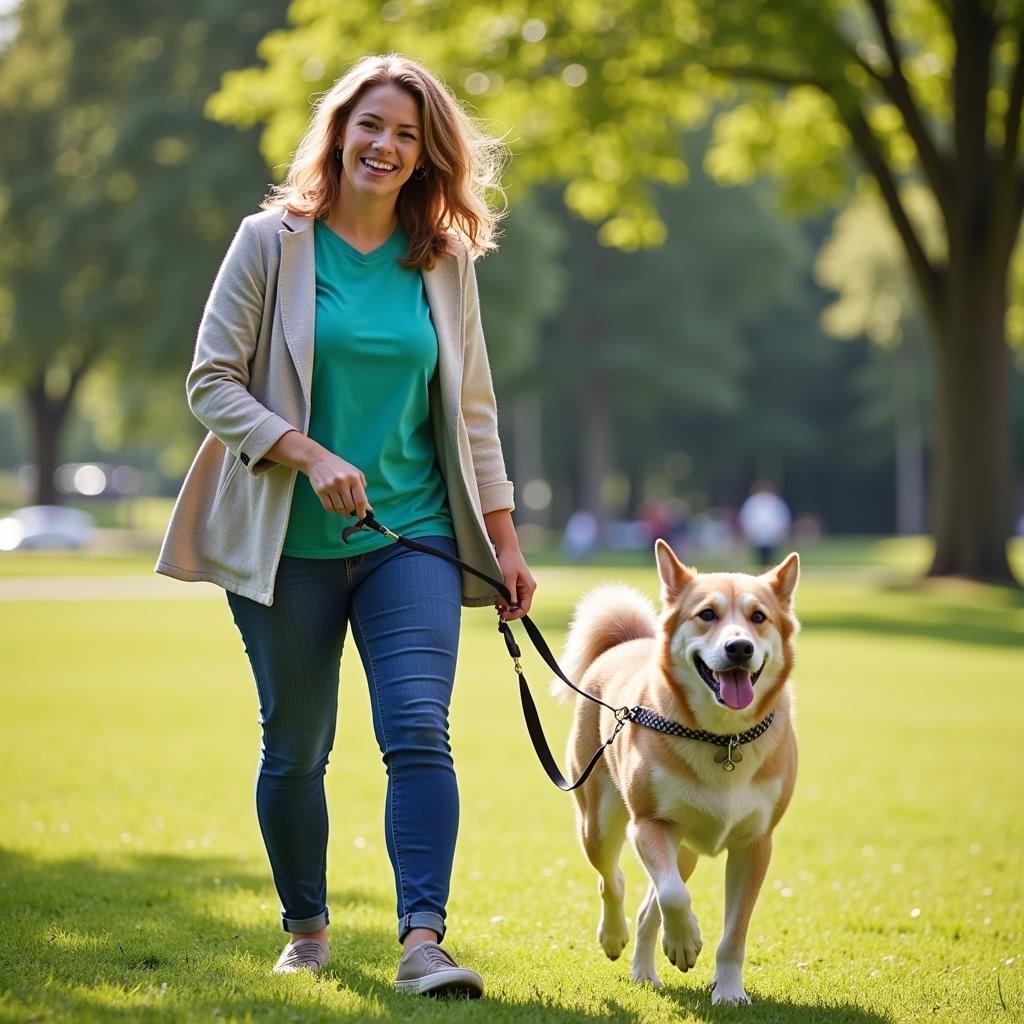 A volunteer enjoys a walk with a happy dog in the sunshine at the Humane Society of Davenport, FL. 