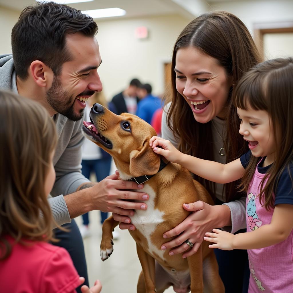 A family meeting a dog at an adoption event at the Humane Society of Scott County