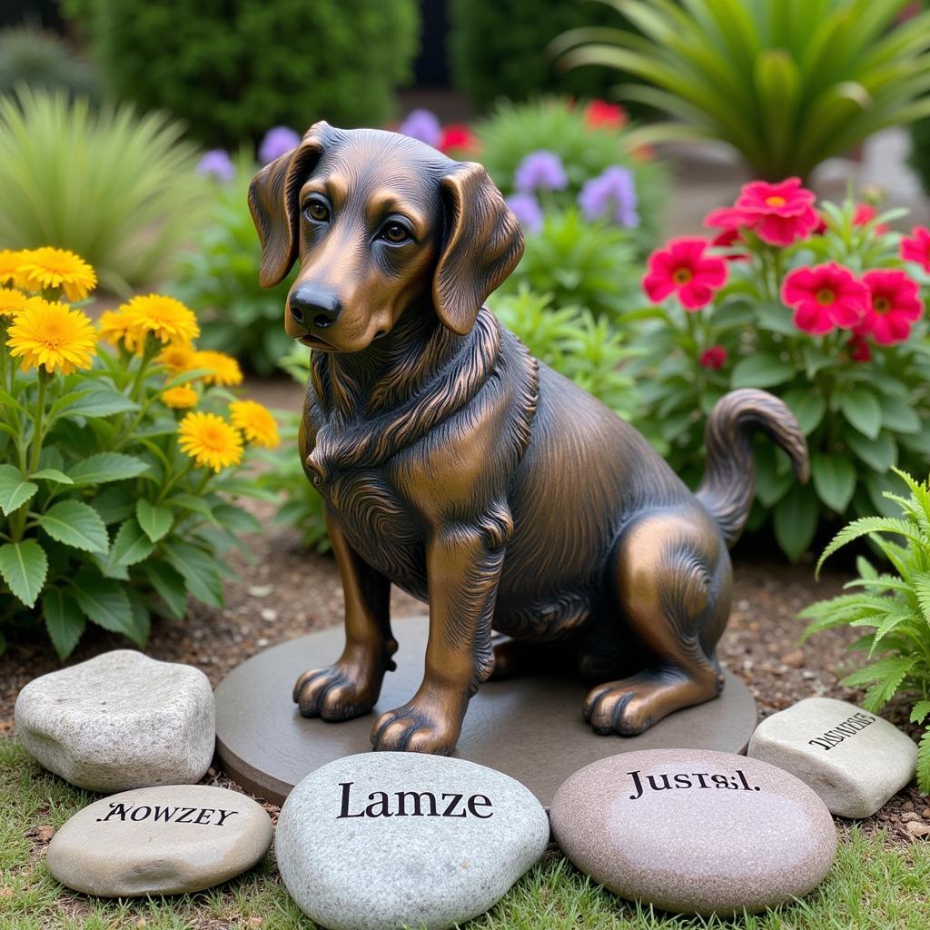 Bronze dog statue in a memorial garden, surrounded by flowers and dedicated to beloved pets.