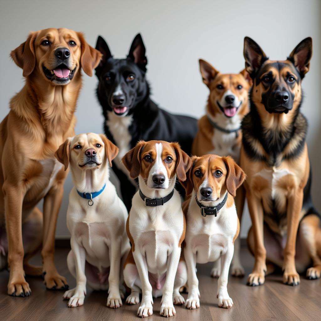 Various dog breeds attending a training class.