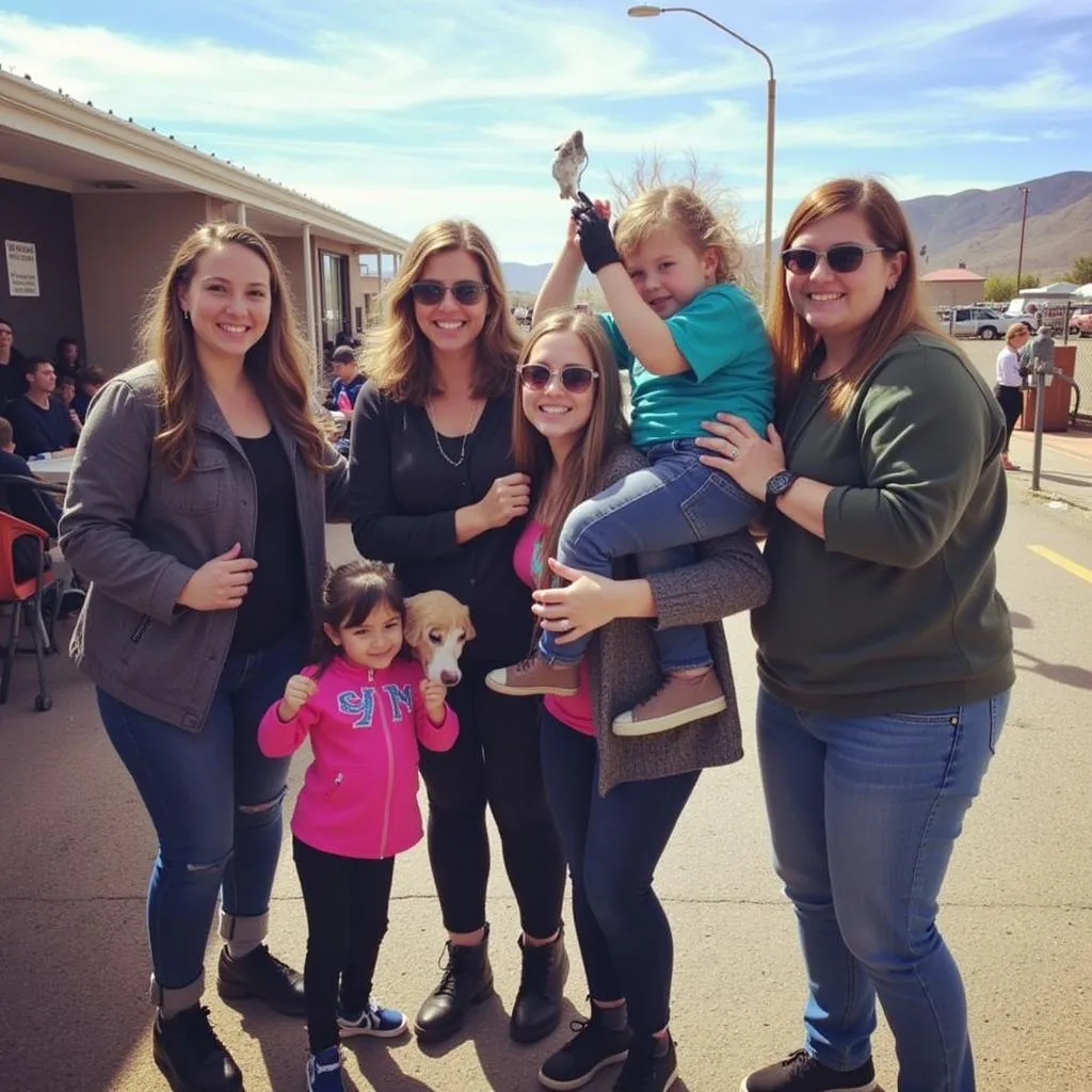 An adoption event at the Humane Society of Elko, NV, showcasing happy families meeting potential pets.