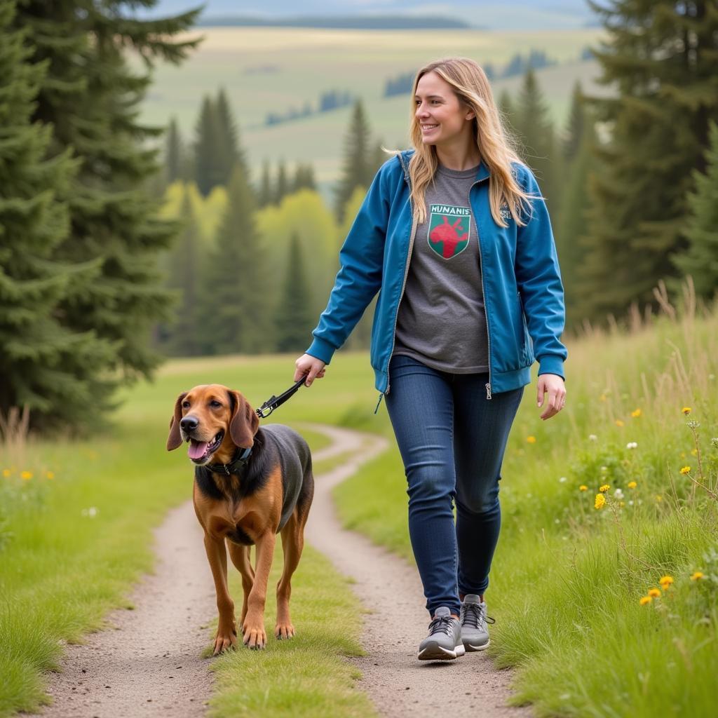 Volunteer walking a dog at Humane Society Fairbanks