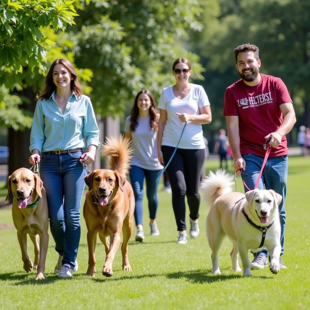 A group of volunteers happily walking dogs from Humane Society Fern Creek in a park setting.