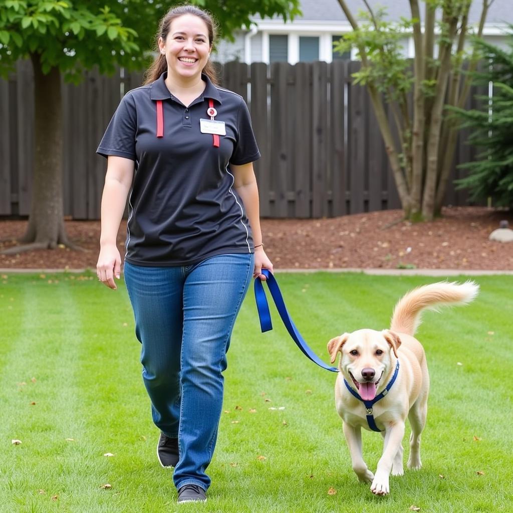 Volunteer walking a happy dog at Humane Society of Gastonia