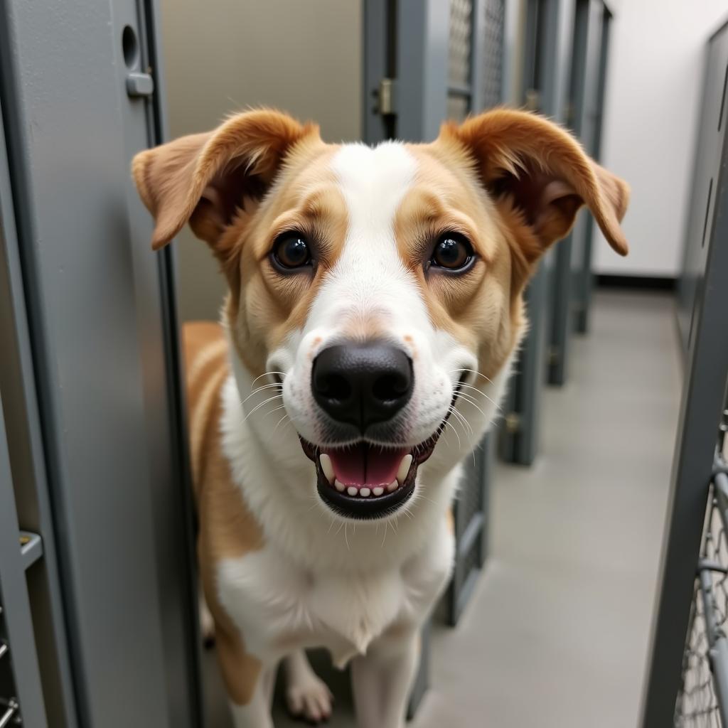 Dog awaiting adoption in a clean and spacious kennel