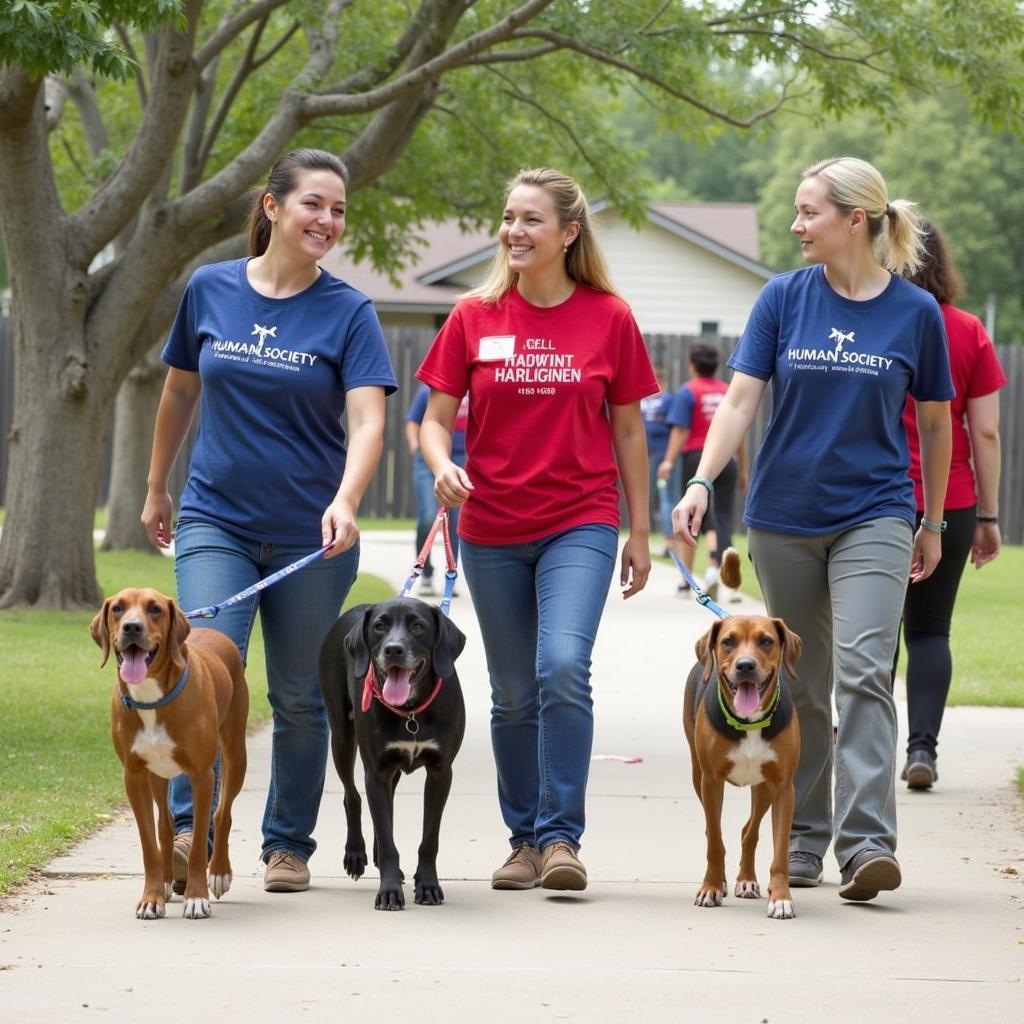 Volunteers enjoying a sunny day walking dogs from the shelter