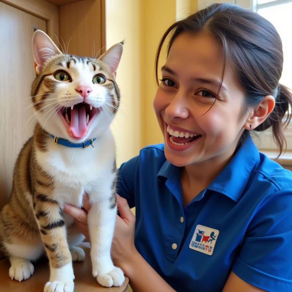 A volunteer playing with a cat at the Humane Society