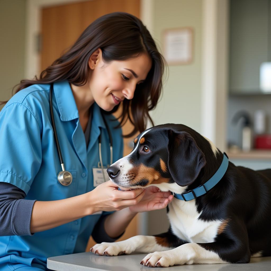 A veterinarian examining a dog at the Humane Society