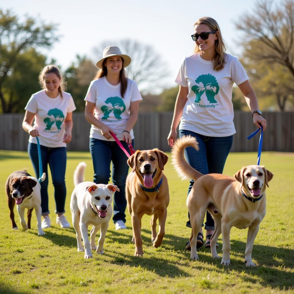 Volunteers walking dogs at Humane Society Helotes