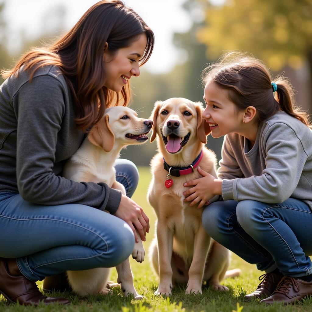 A family smiling and interacting with a dog at a Humane Society Kansas City adoption event.