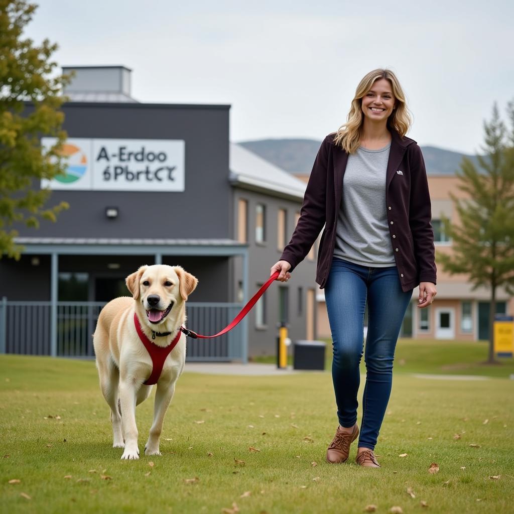 Volunteer walking a happy dog outside the Humane Society Kansas City facility.