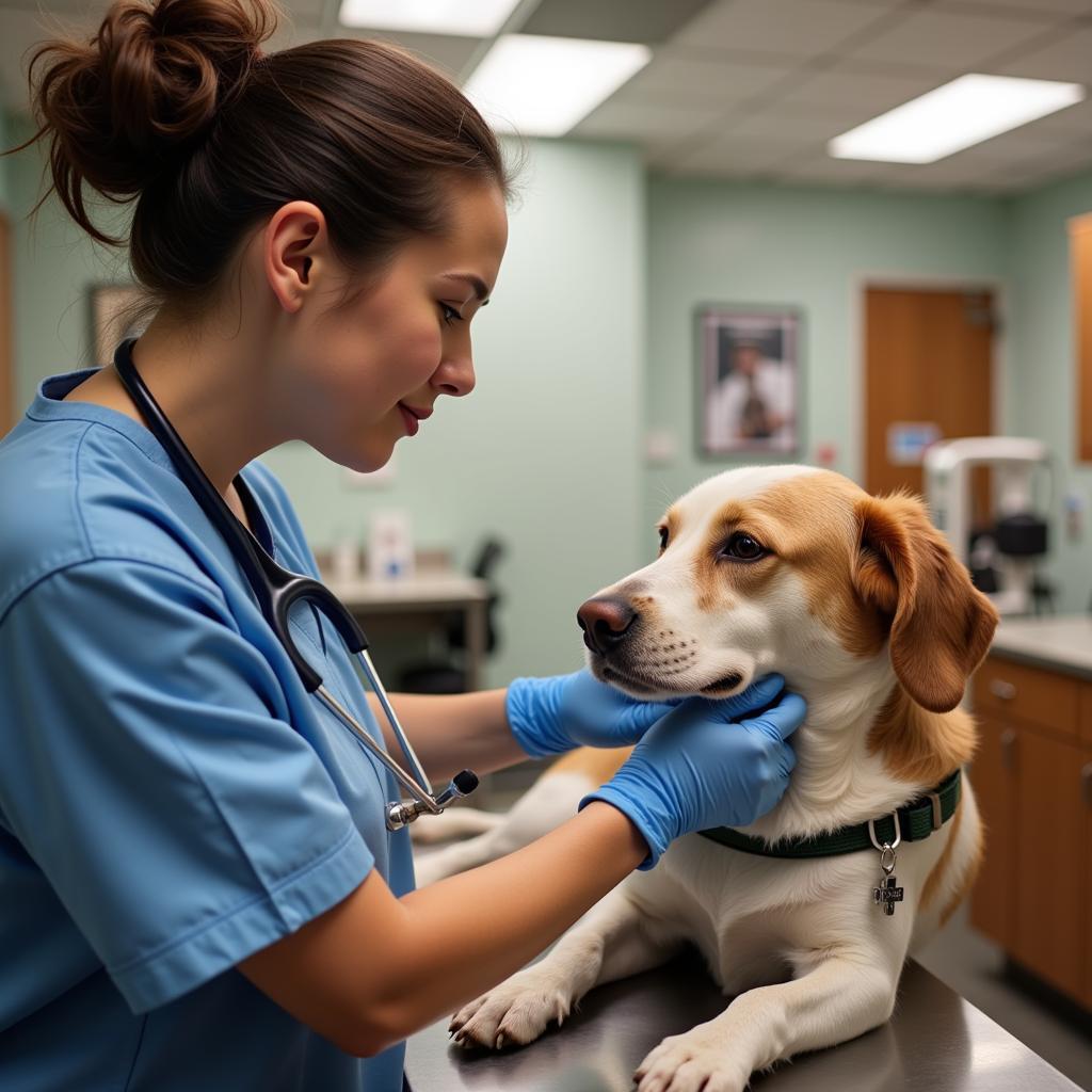 Veterinarian providing compassionate care to a dog at the Humane Society Larimer