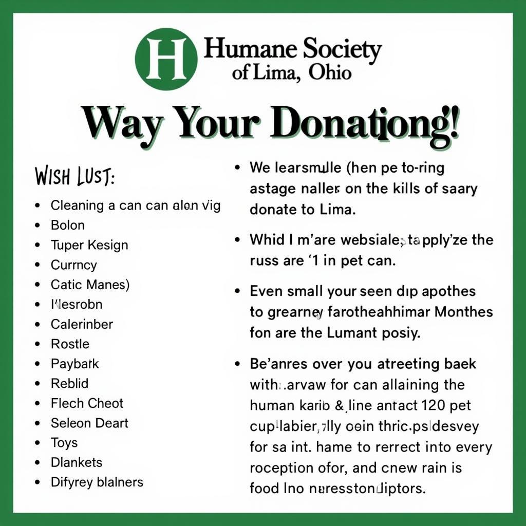 Donation wish list at the Humane Society of Lima, Ohio