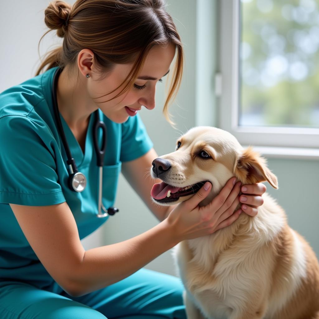 A compassionate veterinarian examining a dog at the Humane Society of Marion County Animal Clinic