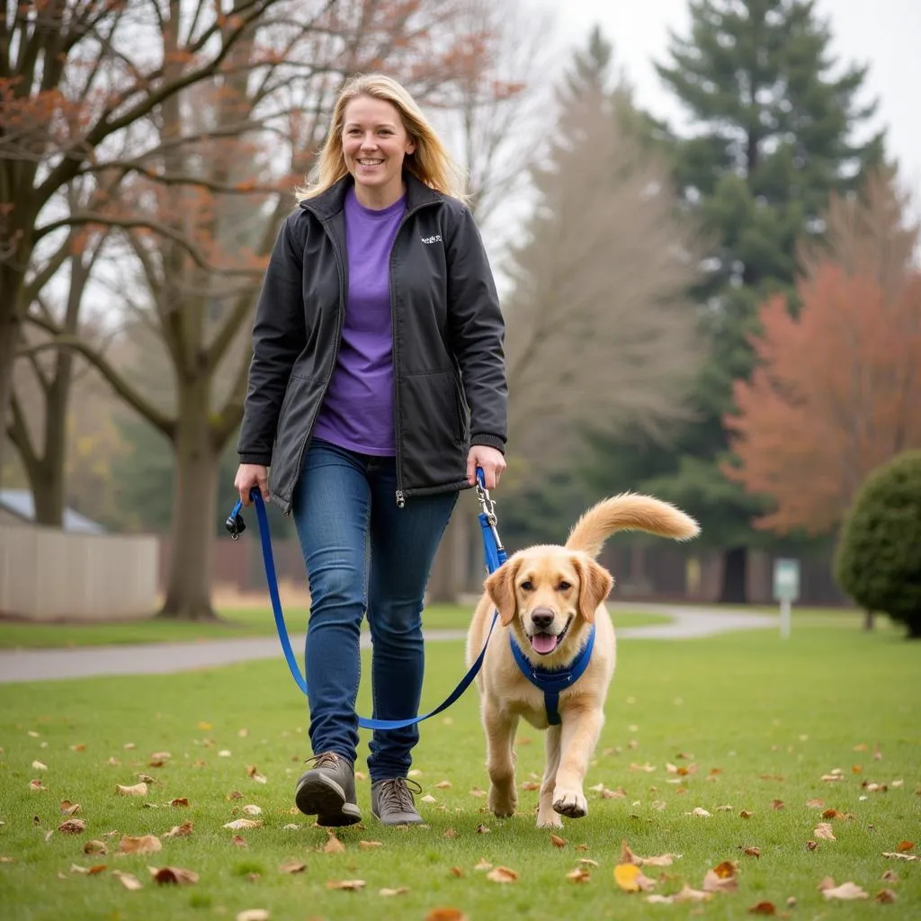 A volunteer enjoys a sunny dog walk with a furry friend at the Humane Society Medford Oregon