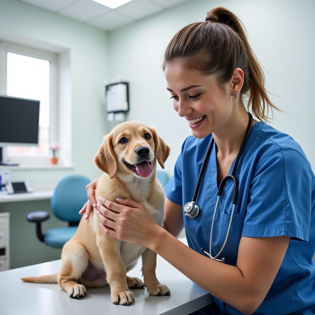 Veterinarian examining a playful puppy in a brightly lit exam room.