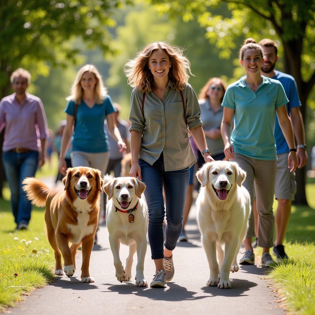 Volunteers happily walking dogs of various breeds in a park-like setting.