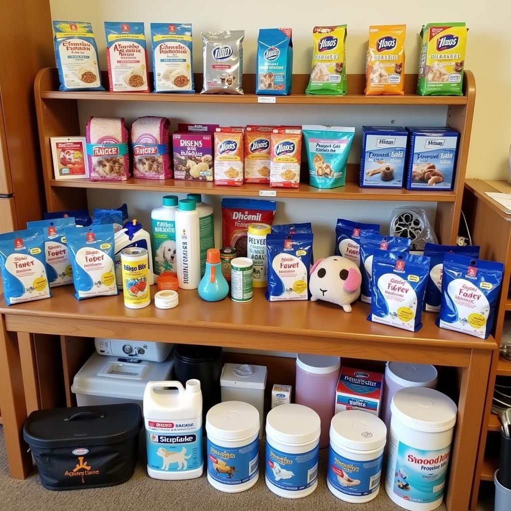 A collection of pet food, toys, and supplies donated to the Humane Society of Oldham County