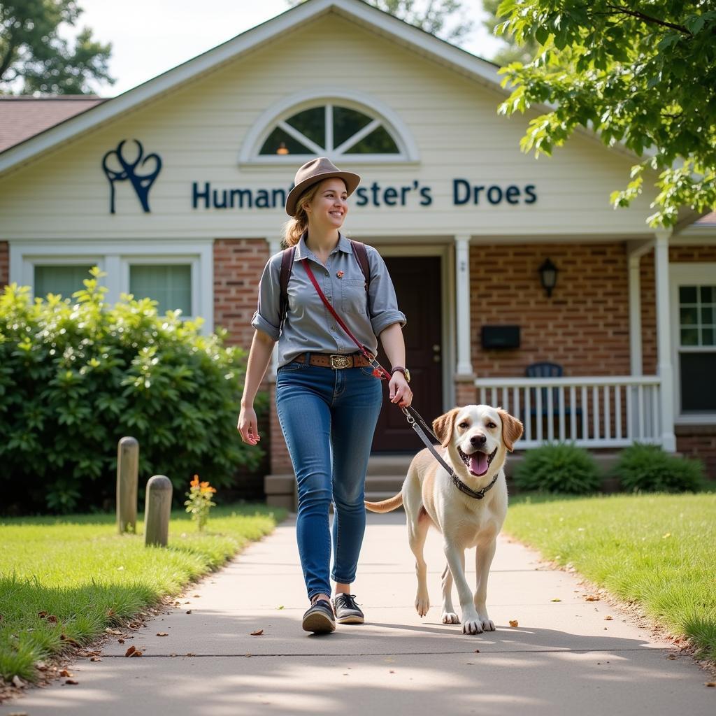 Volunteer walking a dog at the Humane Society of Oldham County