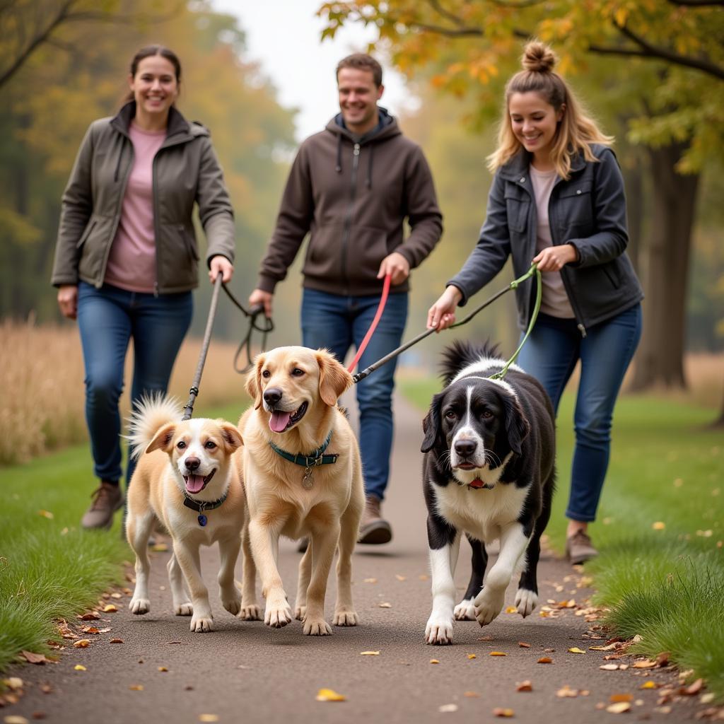 Volunteers walking dogs at the Humane Society of Oldham County