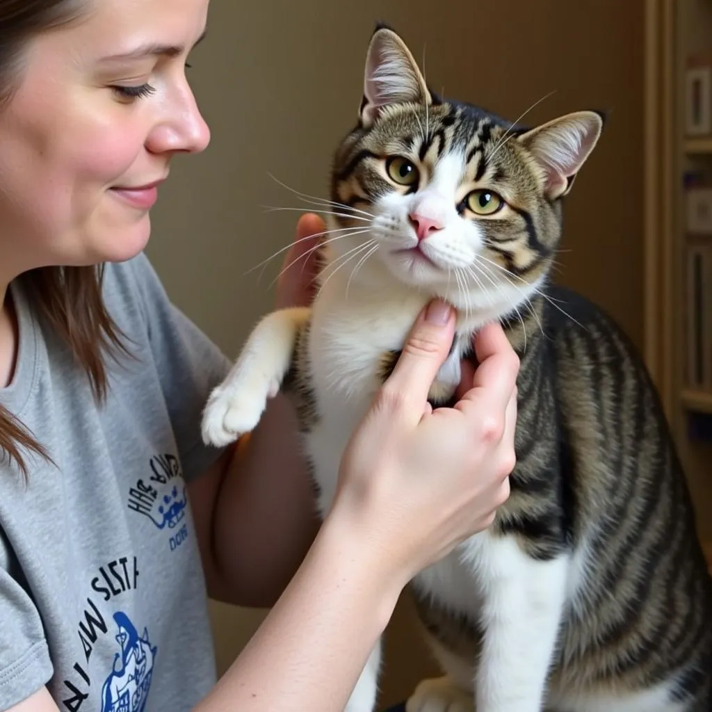 Volunteer gently petting a cat at the Humane Society of the Palouse