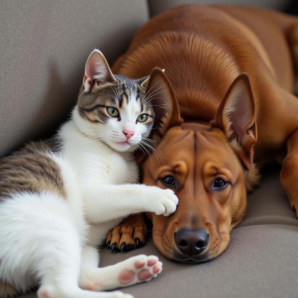 A cat and a dog peacefully coexisting in a new home