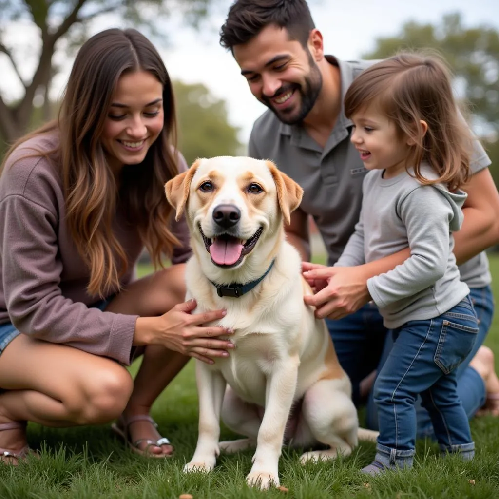 A family meeting their potential new furry friend at an adoption event.