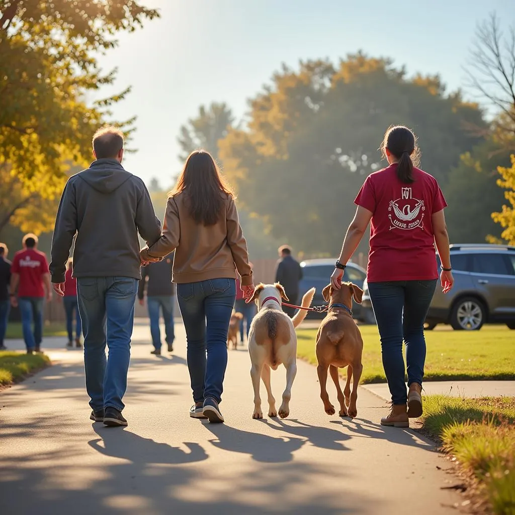 Volunteers walking dogs from the Humane Society through a local park.