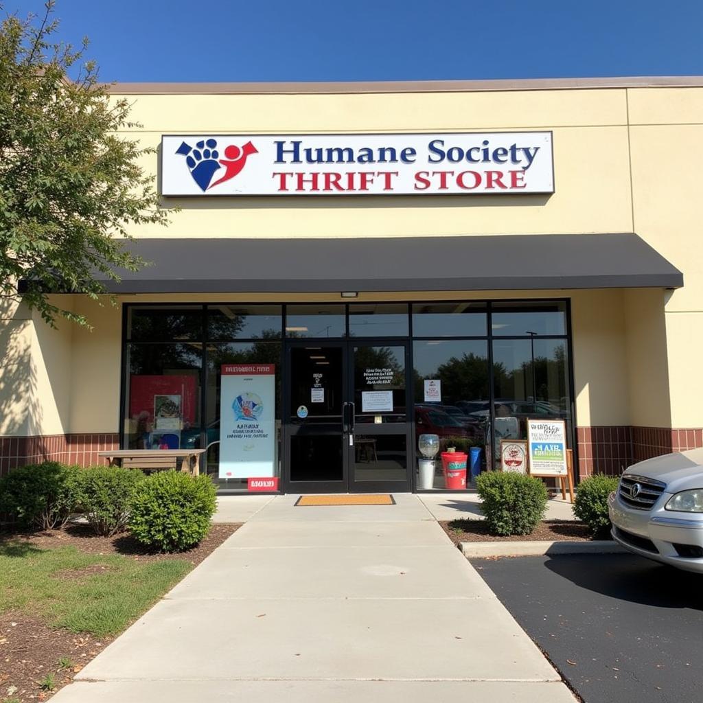 The exterior of the Humane Society Thrift Store with shoppers entering