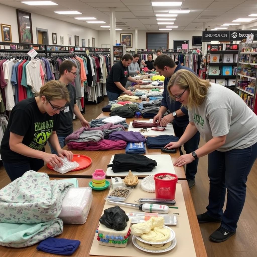 Volunteers sorting through donations at the Humane Society Thrift Store in Lebanon, PA, with smiles on their faces as they organize clothing items.