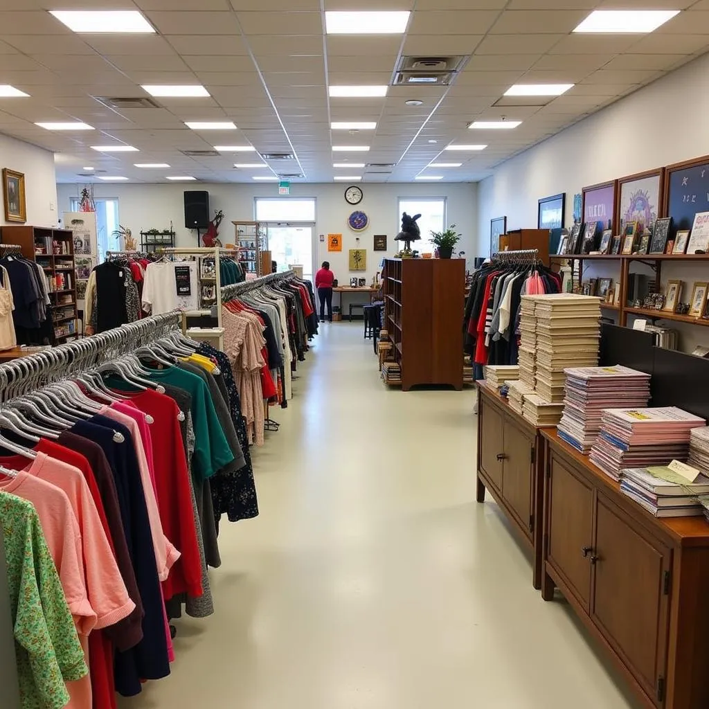 Spacious and well-organized interior of the Humane Society Thrift Store in Sebastian, FL, filled with a variety of clothing, furniture, and home goods.