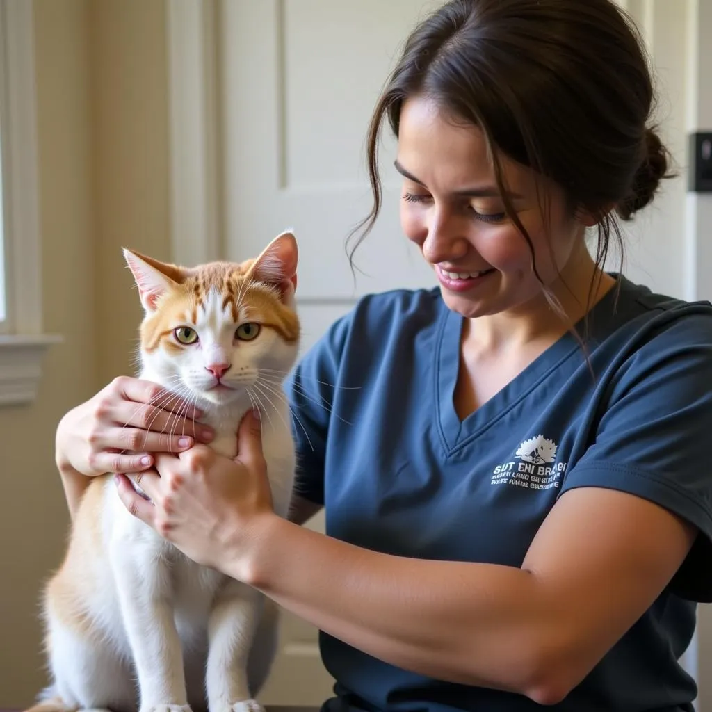 Volunteer provides comfort and care to cat at Humane Society Redwood Valley