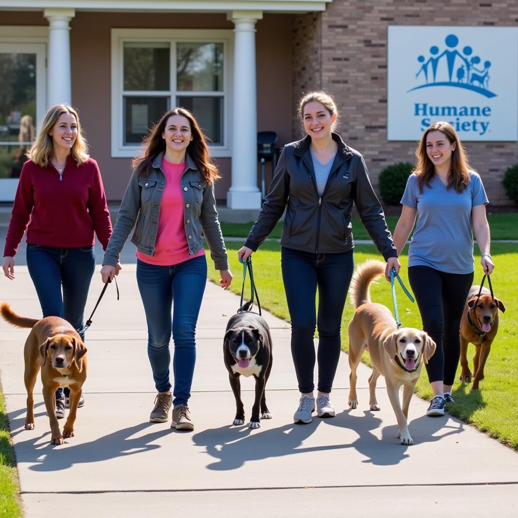 Volunteers walking dogs at the Humane Society