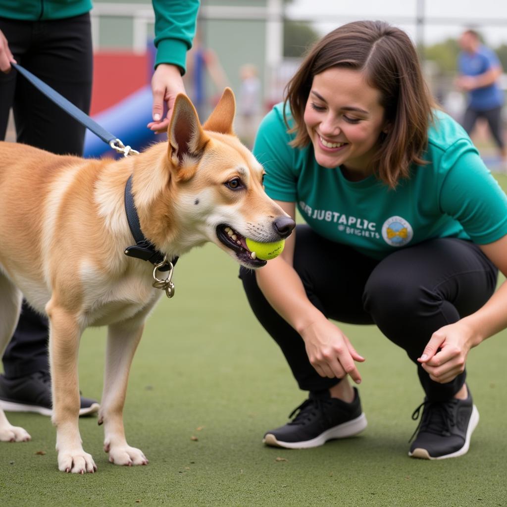 A playful dog interacts with a volunteer at the Humane Society of Walden.