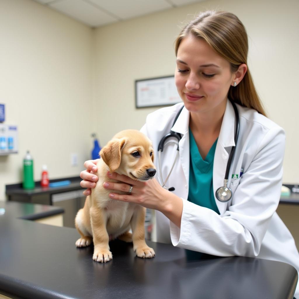 A veterinarian examines a puppy at the Humane Society of Walden.