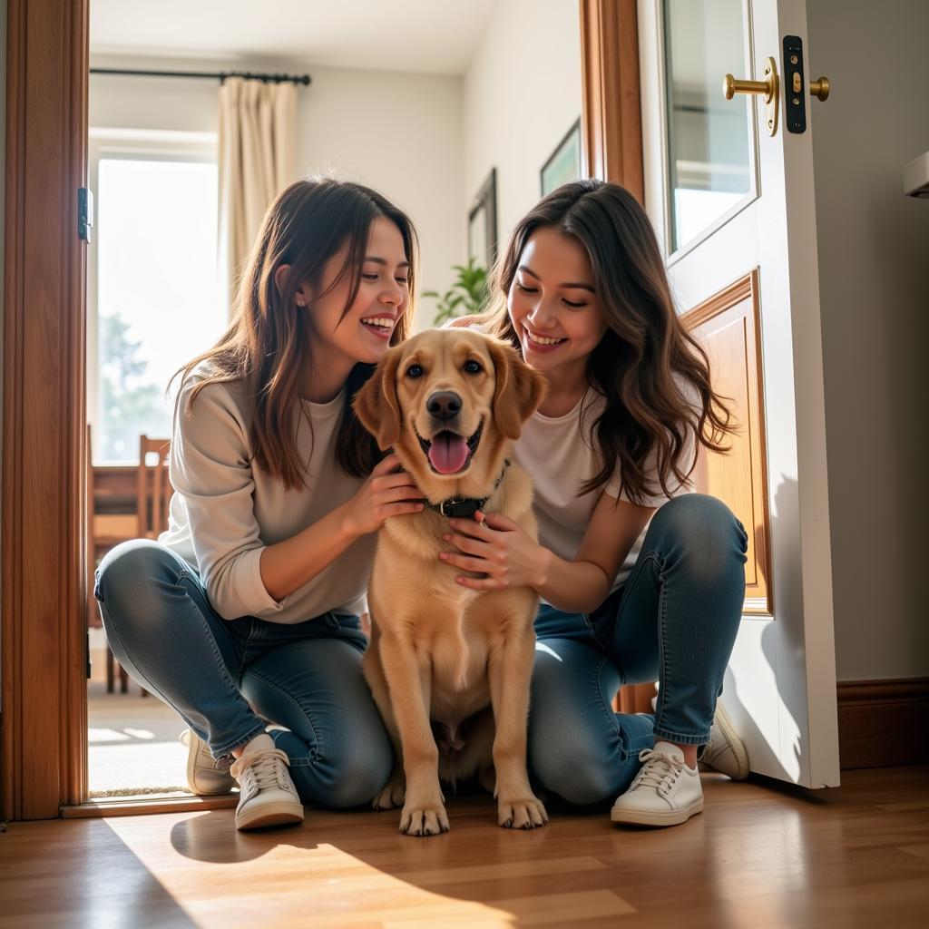 Happy family welcoming their new furry friend home