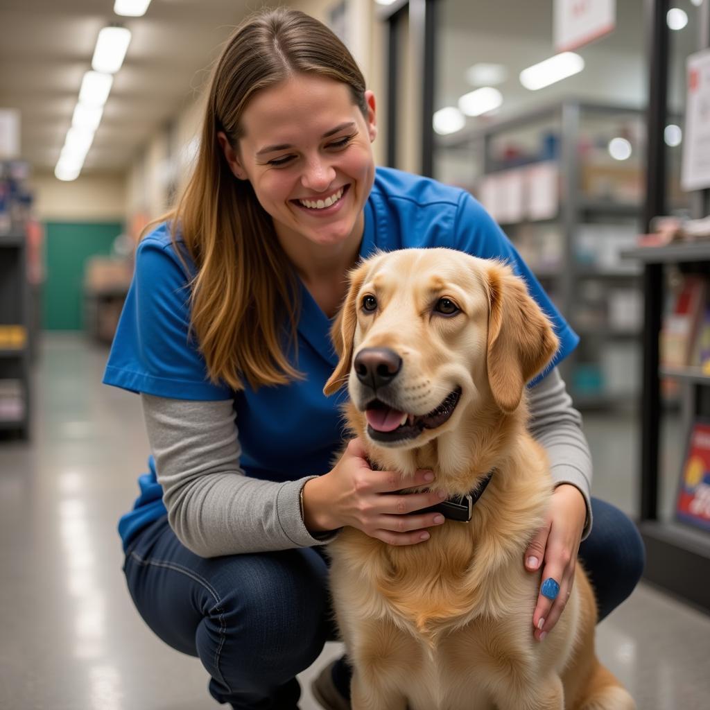 Volunteer interacting with a playful dog