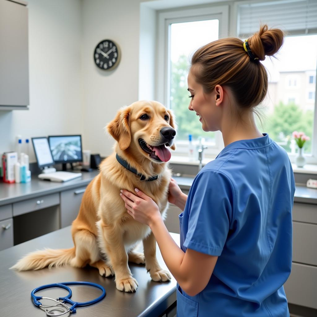 Veterinarian examining a dog in a humane society wellness clinic