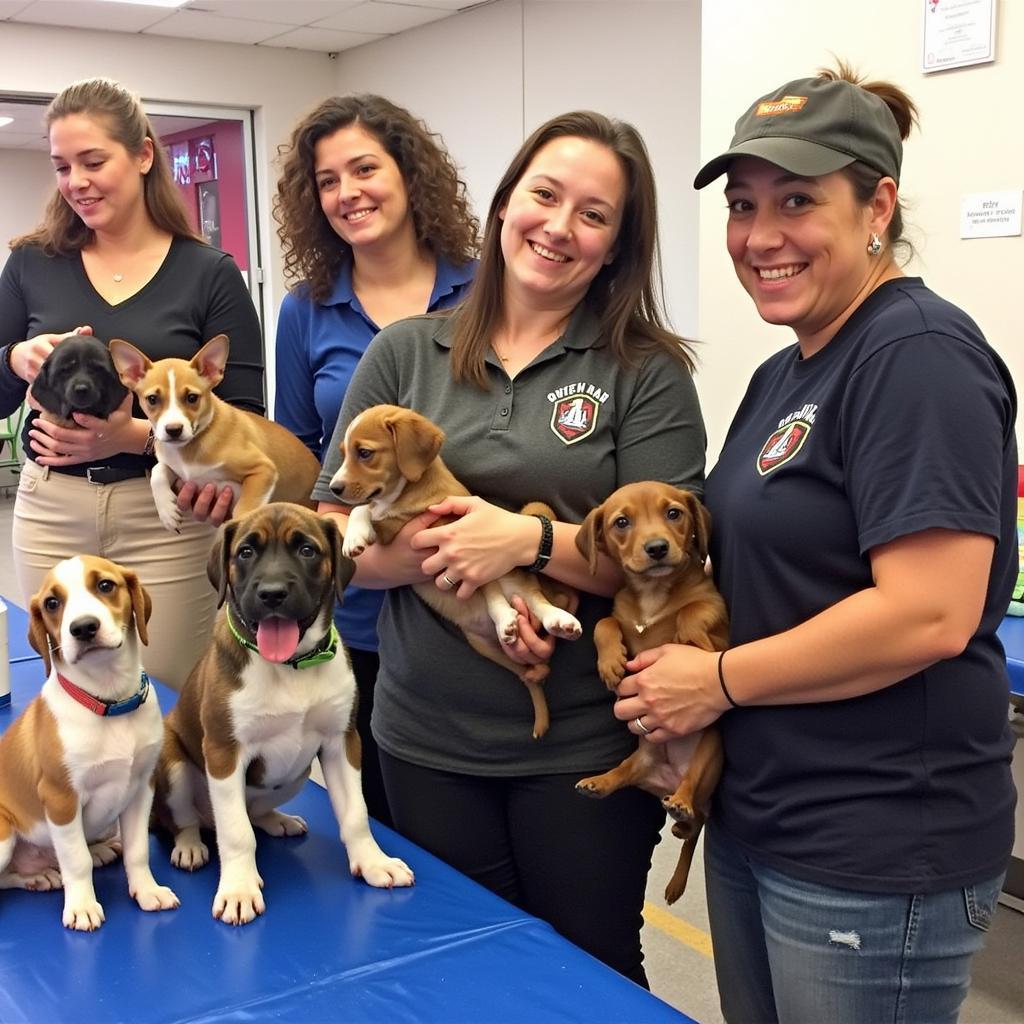 Smiling volunteers hold adorable puppies at a Humane Society of West Alabama adoption event