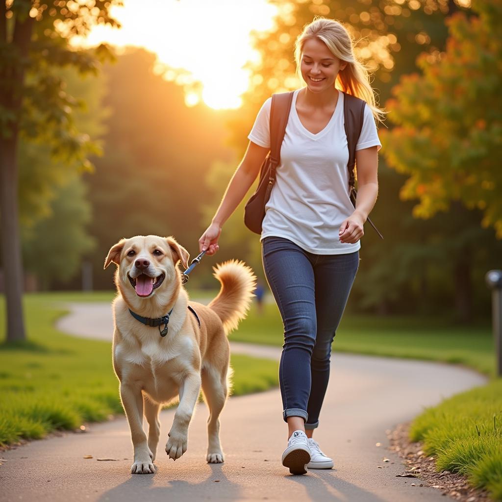 A volunteer enjoys a sunny day walking a happy dog outside the Humane Society of West Alabama