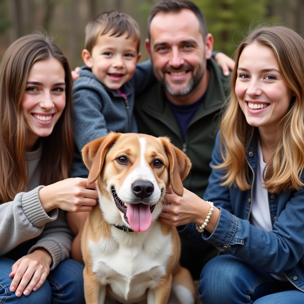 Smiling family adopting a dog at the Humane Society of Westland adoption event