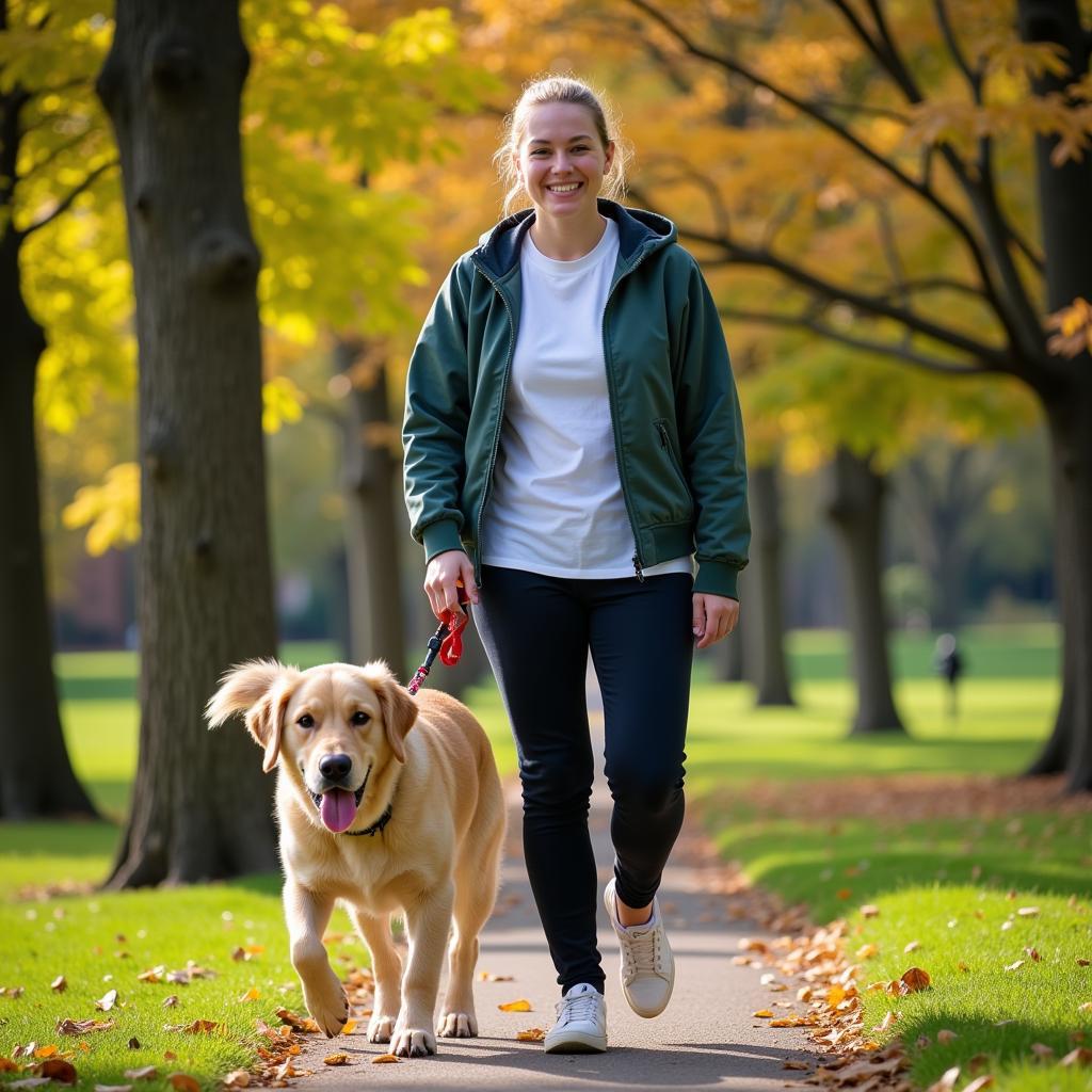 Volunteer walking a happy dog at the Humane Society of Westland