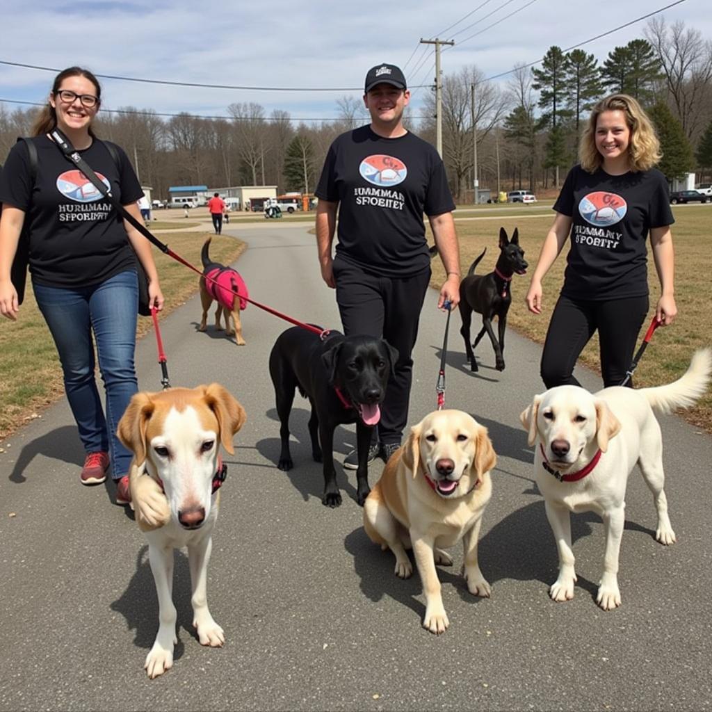 Volunteers walking dogs at the Humane Society