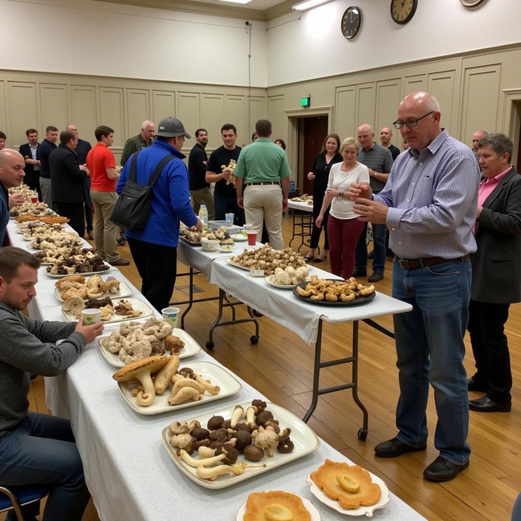 Members of the Humboldt Bay Mycological Society gathering for a community meeting and sharing their latest mushroom finds.